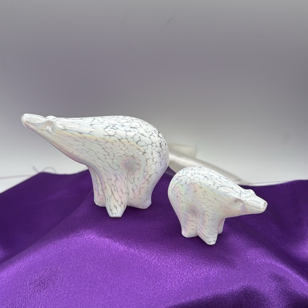 Riverside Studio Polar Bear Set Hand Blown Art Glass Iridescent White Finish